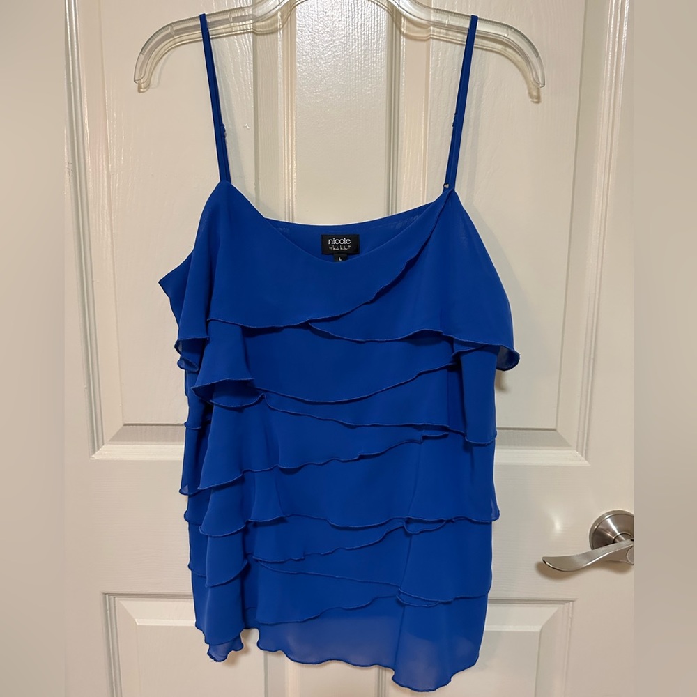 Nicole Miller Blue Tiered Ruffled Sleeveless Blouse Size L